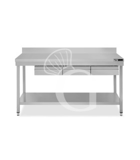 Mesa de trabajo de acero inoxidable con estante, peto trasero, 3 cajones L 1600 mm x P 600 mm x A 965 mm