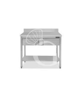Mesa de trabajo de acero inoxidable con 1 estante, peto y 2 cajones L 1100 mm x P 600 mm x A 950 mm