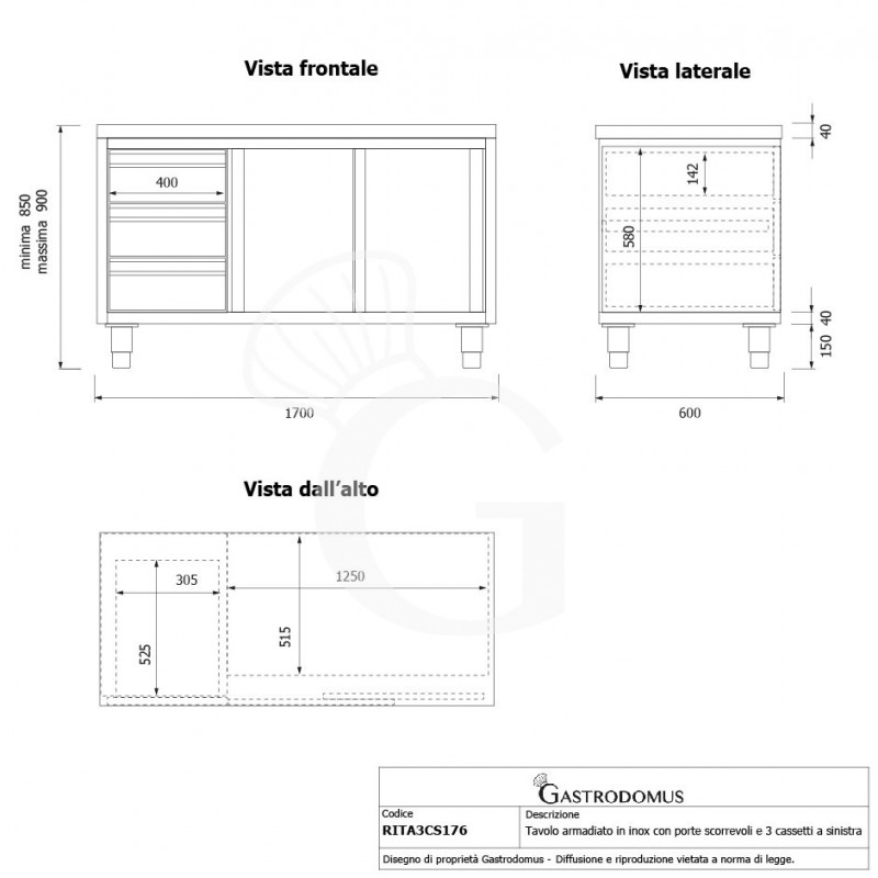 Mesa mural de acero inoxidable 2 puertas correderas, 3 cajones a la izquierda L 1700 mm x P 600 mm x A 850 mm