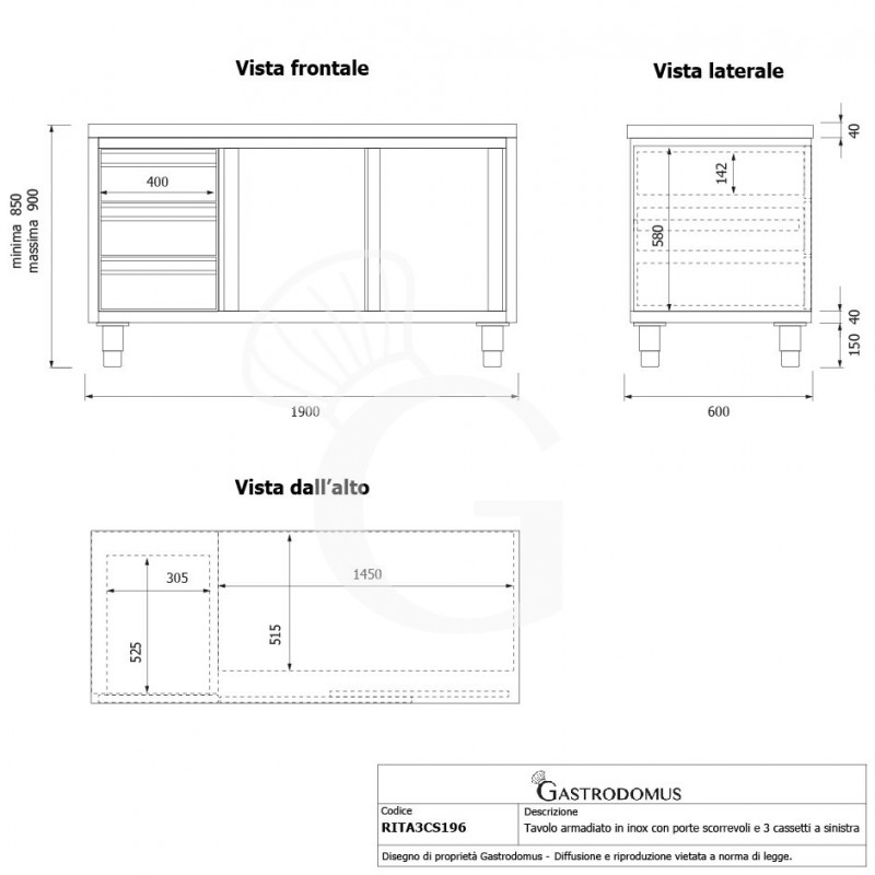 Mesa mural de acero inoxidable 2 puertas correderas, 3 cajones a la izquierda L 1900 mm x P 600 mm x A 850 mm
