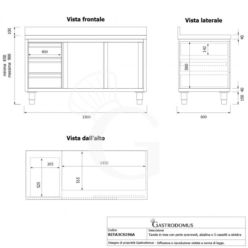 Mesa mural de acero inoxidable 2 puertas correderas, 3 cajones a la izquierda y peto L 1900 mm x P 600 mm x A 950 mm