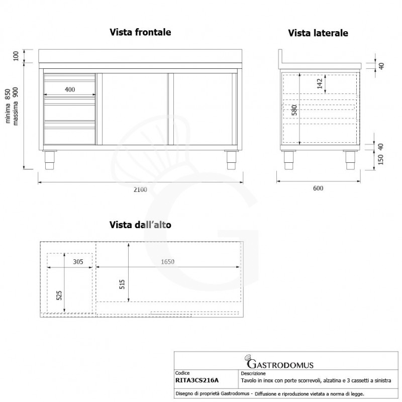 Mesa mural de acero inoxidable 2 puertas correderas, 3 cajones a la izquierda y peto L 2100 mm x P 600 mm x A 950 mm