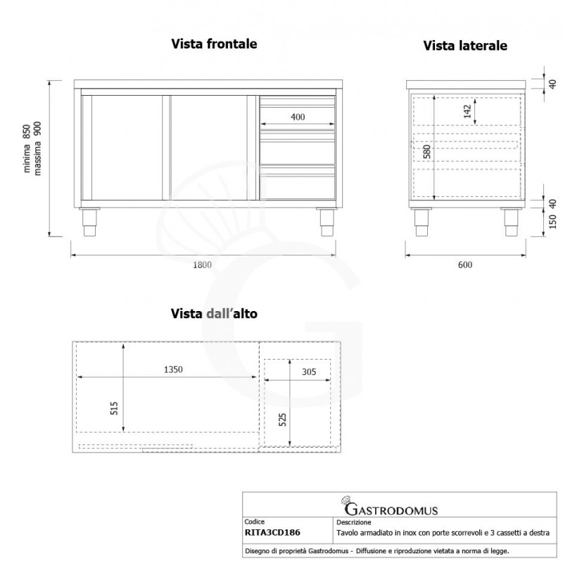 Mesa mural de acero inoxidable 2 puertas correderas, 3 cajones a la derecha L 1800 mm x P 600 mm x A 850 mm