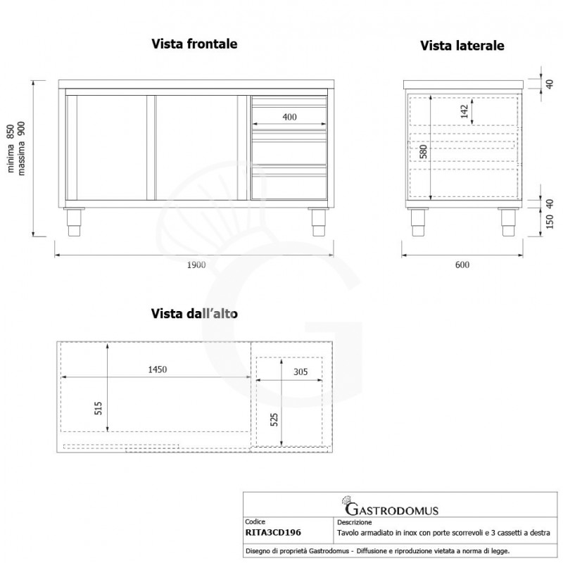 Mesa mural de acero inoxidable 2 puertas correderas, 3 cajones a la derecha L 1900 mm x P 600 mm x A 850 mm