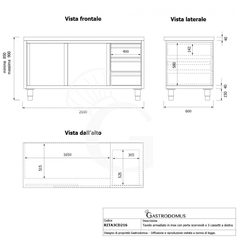 Mesa mural de acero inoxidable 2 puertas correderas, 3 cajones a la derecha L 2100 mm x P 600 mm x A 850 mm