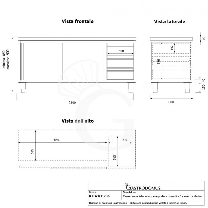 Mesa mural de acero inoxidable 2 puertas correderas, 3 cajones a la derecha L 2300 mm x P 600 mm x A 850 mm