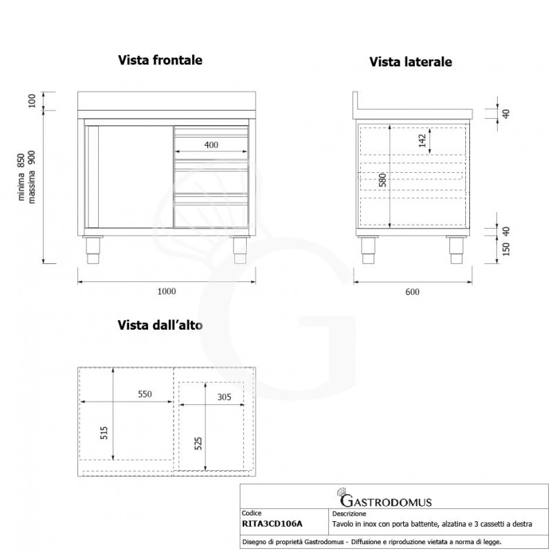 Mesa mural de acero inoxidable 1 puerta batiente, 3 cajones a la derecha y peto L 1000 mm x P 600 mm x A 950 mm