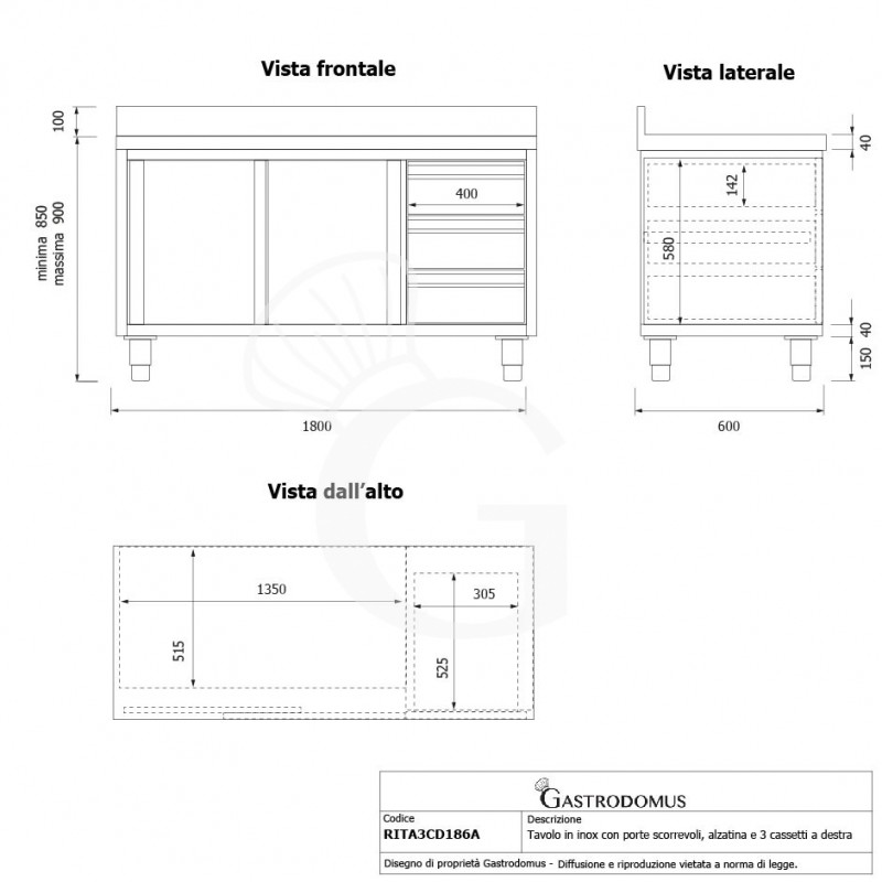 Mesa mural de acero inoxidable 2 puertas correderas, 3 cajones a la derecha y peto L 1800 mm x P 600 mm x A 950 mm