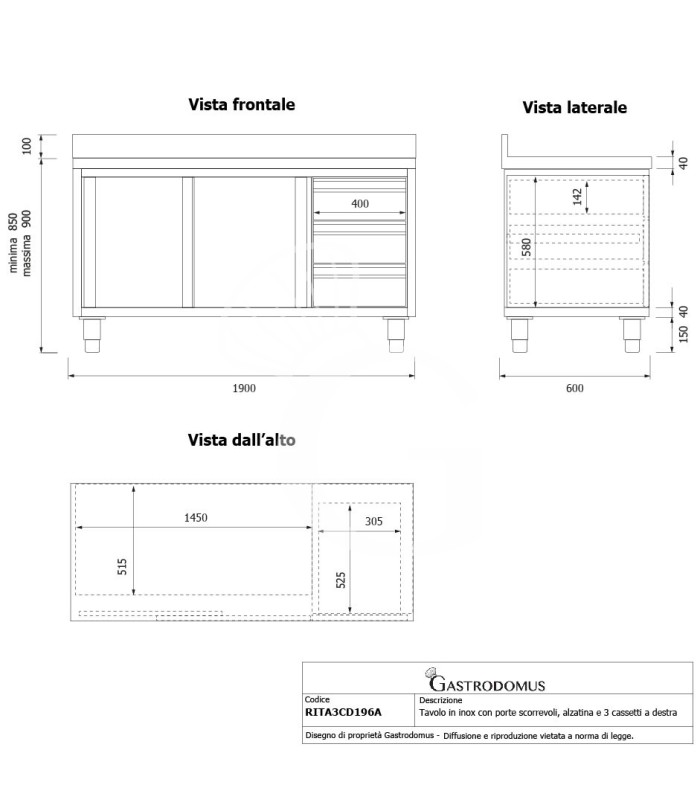 Mesa mural de acero inoxidable 2 puertas correderas, 3 cajones a la derecha y peto L 1900 mm x P 600 mm x A 950 mm