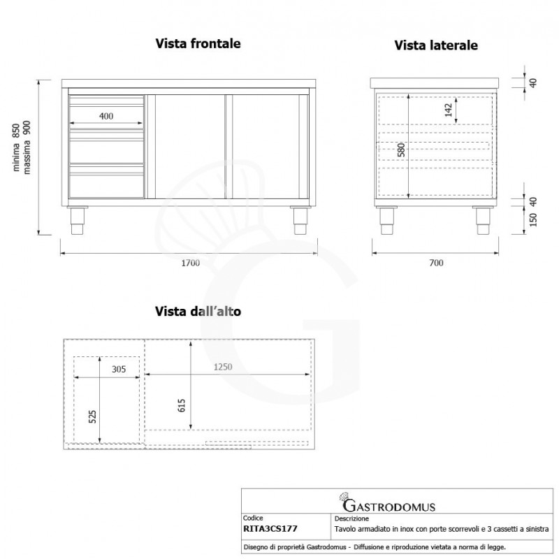 Mesa mural de acero inoxidable 2 puertas correderas, 3 cajones a la izquierda L 1700 mm x P 700 mm x A 850 mm
