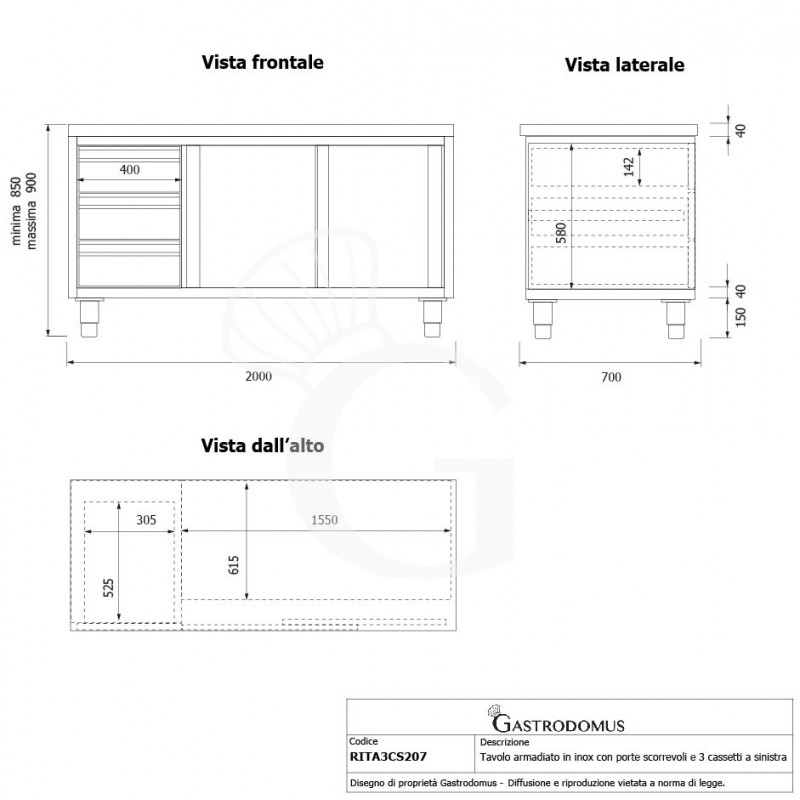 Mesa mural de acero inoxidable 2 puertas correderas, 3 cajones a la izquierda L 2000 mm x P 700 mm x A 850 mm