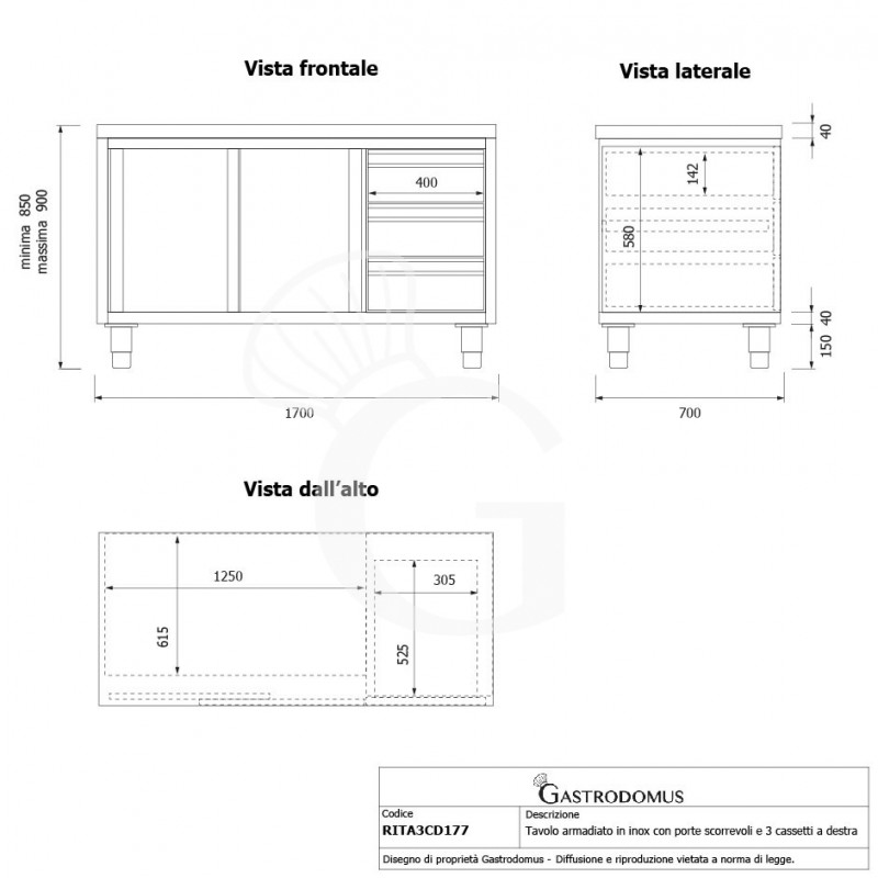 Mesa mural de acero inoxidable 2 puertas correderas, 3 cajones a la derecha L 1700 mm x P 700 mm x A 850 mm