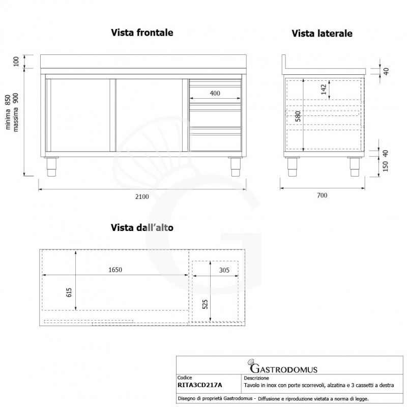 Mesa mural de acero inoxidable 2 puertas correderas, 3 cajones a la derecha y peto L 2100 mm x P 700 mm x A 950 mm