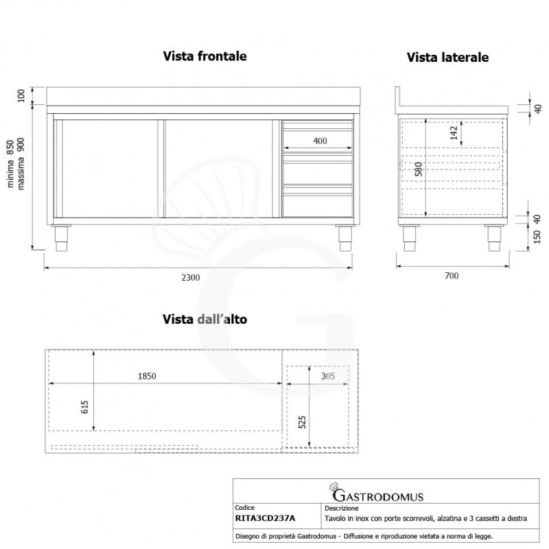 Mesa mural de acero inoxidable 2 puertas correderas, 3 cajones a la derecha y peto L 2300 mm x P 700 mm x A 950 mm