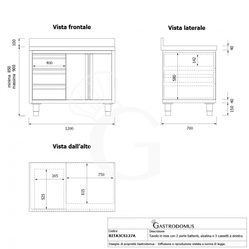 Mesa mural de acero inoxidable 2 puertas batientes, 3 cajones a la izquierda y peto L 1200 mm x P 700 mm x A 950 mm
