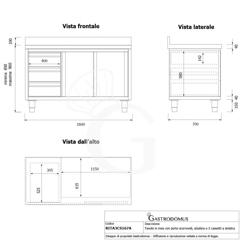Mesa mural de acero inoxidable 2 puertas correderas, 3 cajones a la izquierda y peto L 1600 mm x P 700 mm x A 950 mm