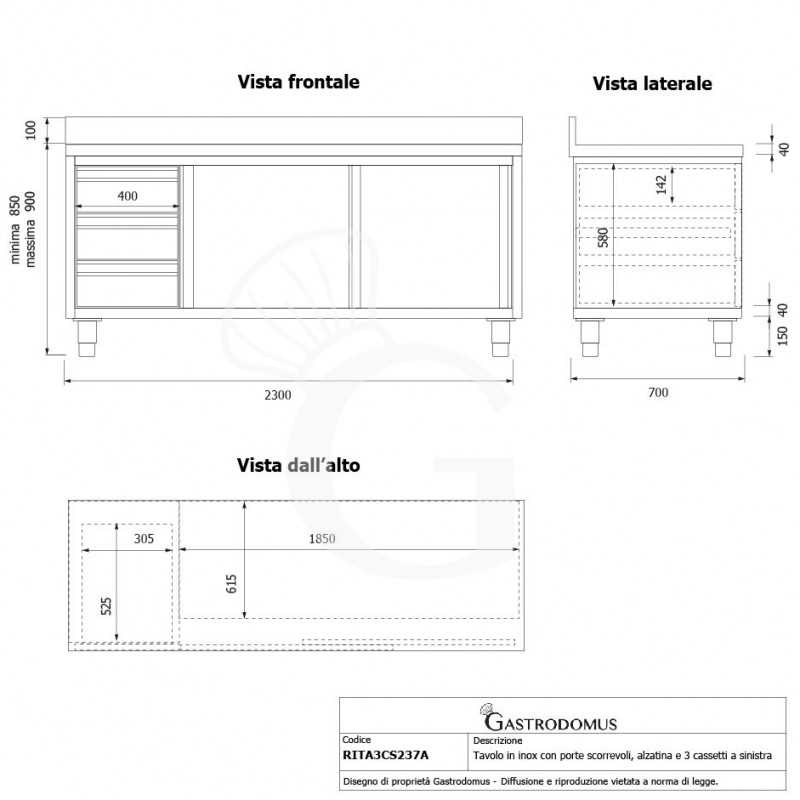 Mesa mural de acero inoxidable 2 puertas correderas, 3 cajones a la izquierda y peto L 2300 mm x P 700 mm x A 950 mm