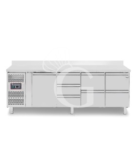 Mesa Refrigerada 7 Cajones 1 Puerta 700 mm de profundidad -2°C/+8°C, peto trasero, Motor a la Izquierda