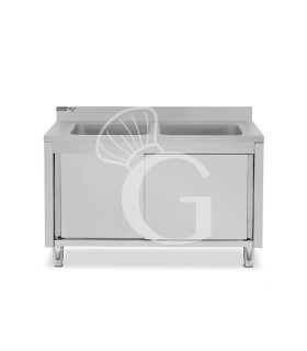 Fregadero con mueble de acero inox, 2 puertas, peto, 2 cubetas L1600xP600xA965mm-agujero para grifo de Ø32mm