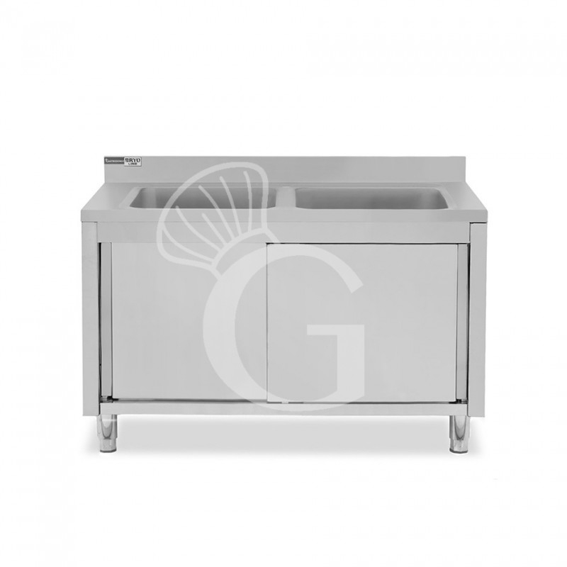 Fregadero con mueble de acero inox, 2 puertas, peto, 2 cubetas L1600xP600xA965mm-agujero para grifo de Ø32mm