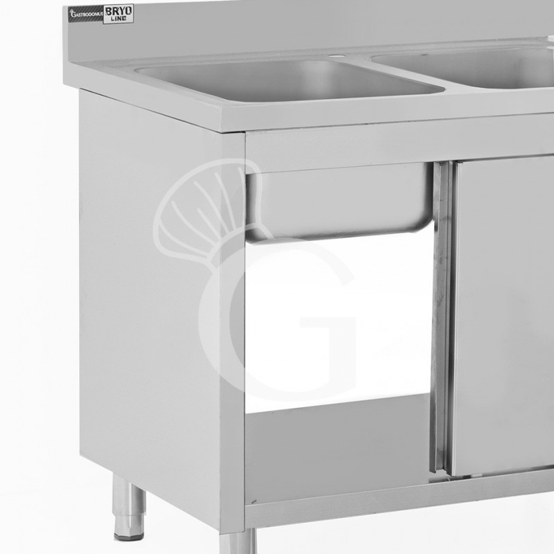 Fregadero con mueble de acero inox, 2 puertas, peto, 2 cubetas L1600xP600xA965mm-agujero para grifo de Ø32mm