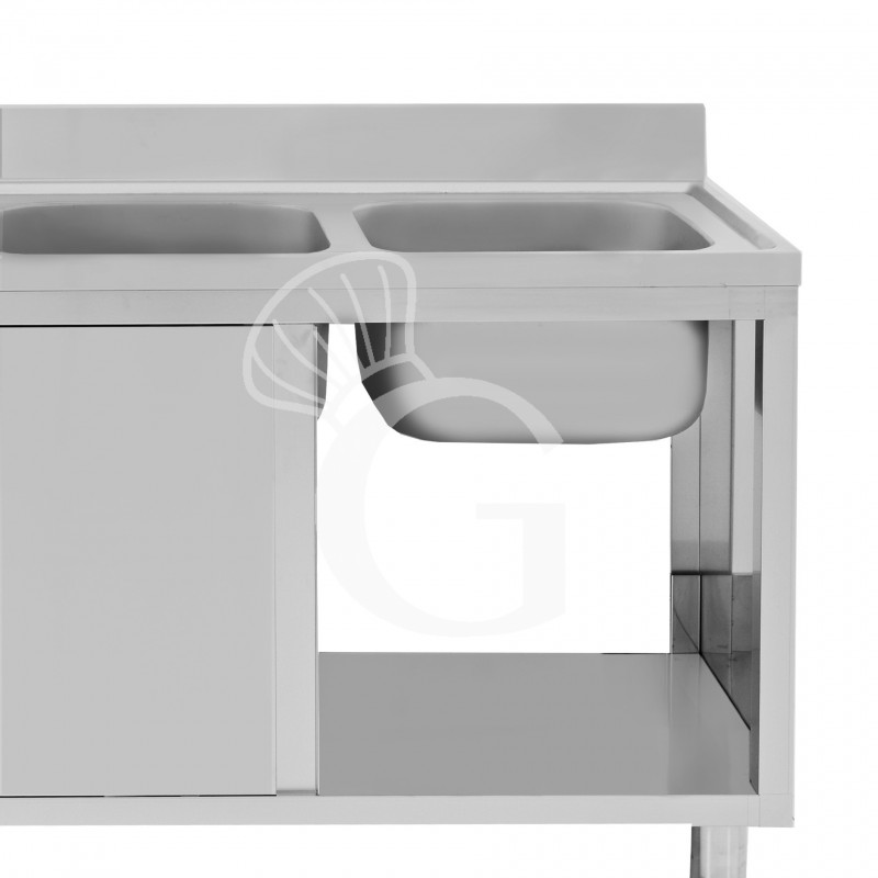 Fregadero con mueble de acero inox, 2 puertas, 2 cubetas, escurridor a la izquierda L1700xP600xA965-agujero para el grifo Ø32mm