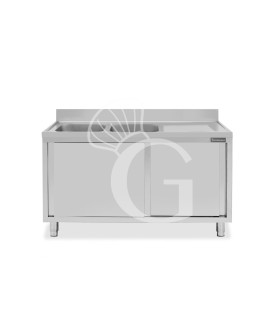 Fregadero con mueble 2 puertas correderas, 2 cubetas, escurridor a la derecha y peto L1400mmxP700mmxA965mm agujero grifo Ø32mm