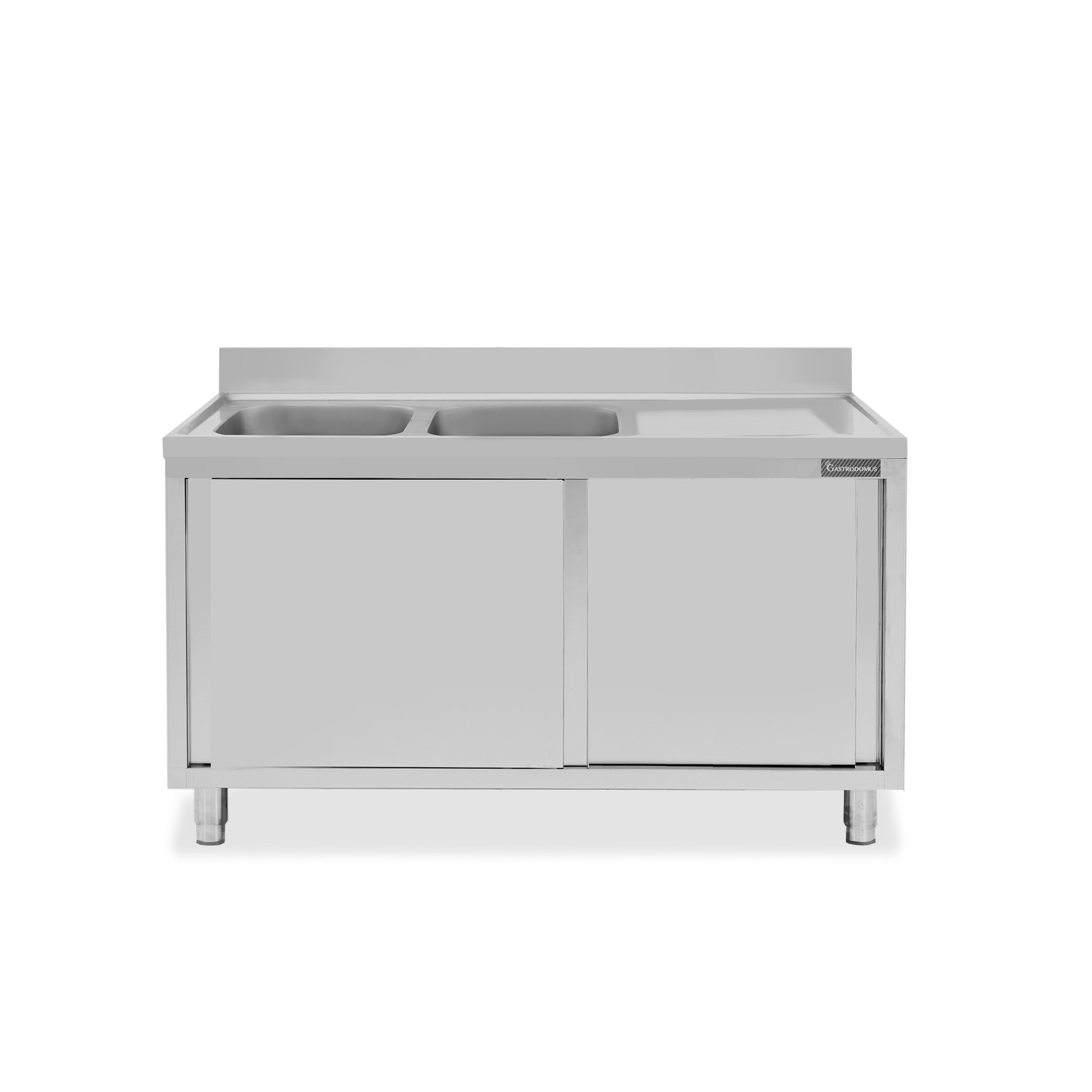 Fregadero con mueble 2 puertas correderas, 2 cubetas, escurridor a la derecha y peto L1400mmxP700mmxA965mm agujero grifo Ø32mm