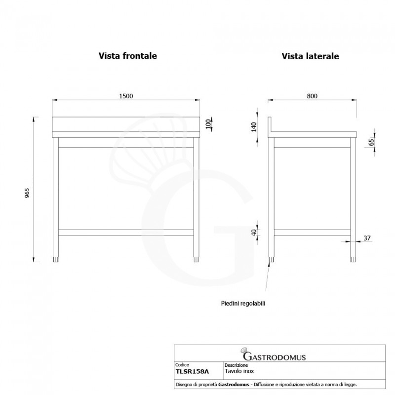 Mesa de acero inoxidable con peto trasero L 1500 mm x P 800 mm x A 965 mm