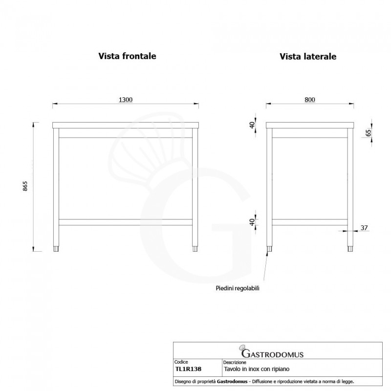 Mesa de acero inoxidable con estante inferior L 1300 mm x P 800 mm x A 865 mm