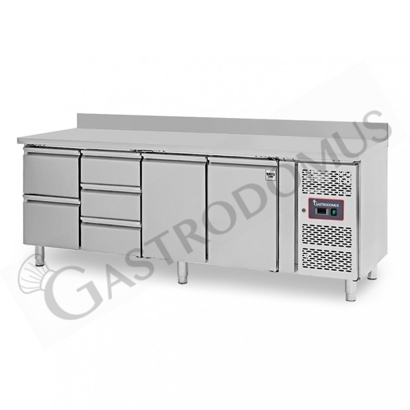 Mesa Refrigerada para gastronomía 5 cajones 2 puertas 700 mm -2°C/+8°C, peto trasero