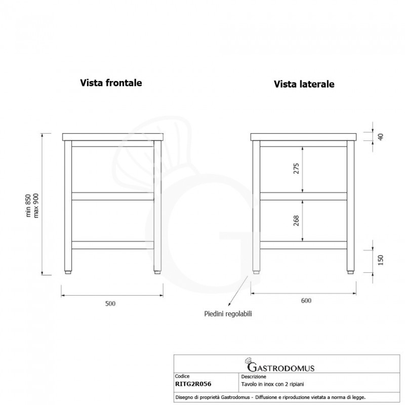Mesa de acero inoxidable 2 estantes L500×P600× H850 mm
