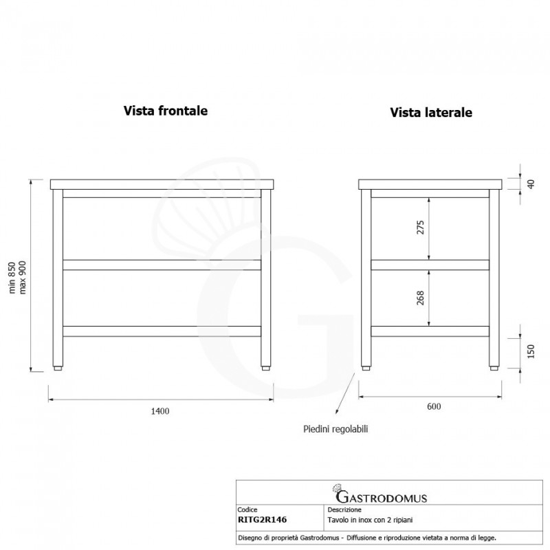 Mesa de acero inoxidable con 2 estantes L 1400 mm x P 600 mm x A 850 mm