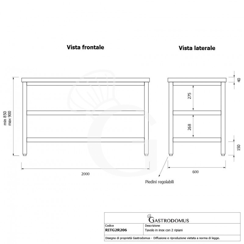 Mesa de acero inoxidable con 2 estantes L 2000 mm x P 600 mm x A 850 mm