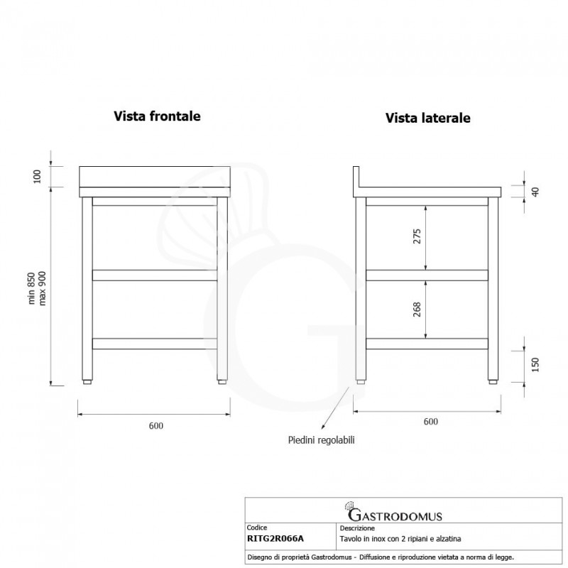 Mesa de acero inoxidable con 2 estantes y peto L 600 mm x P 600 mm x A 950 mm