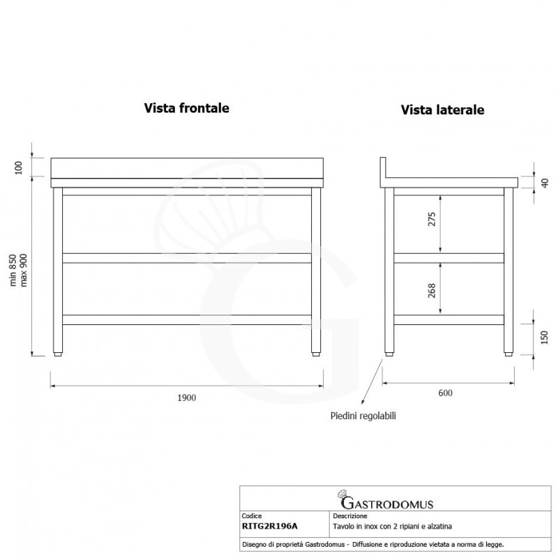 Tavolo inox 2 ripiani alzatina L 1900 mm x P 600 mm x H 950 mm
