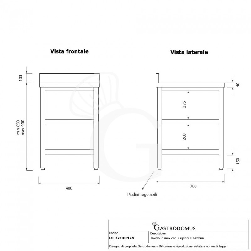 Mesa de acero inoxidable con 2 estantes y peto L 400 mm x P 700 mm x A 950 mm