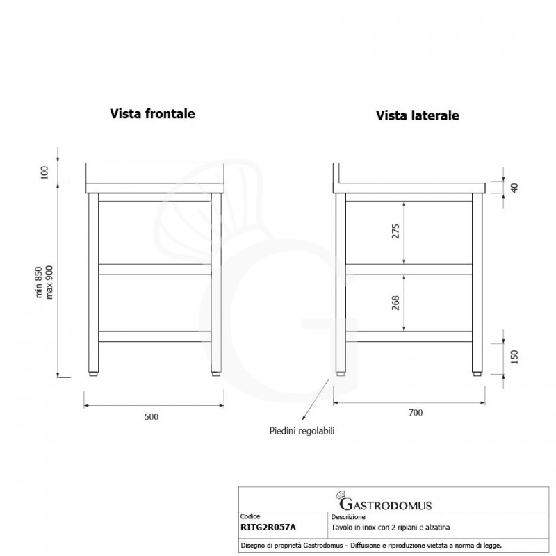 Mesa de acero inoxidable con 2 estantes y peto L 500 mm x P 700 mm x A 950 mm