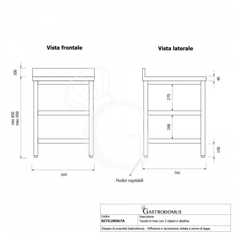 Mesa de acero inoxidable con 2 estantes y peto L 600 mm x P 700 mm x A 950 mm