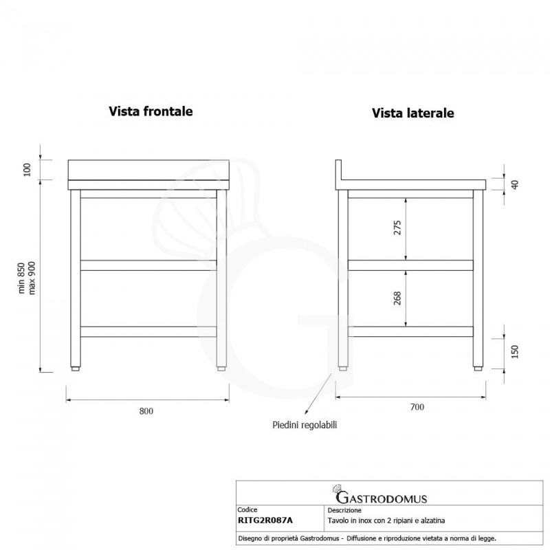 Mesa de acero inoxidable con 2 estantes y peto L 800 mm x P 700 mm x A 950 mm