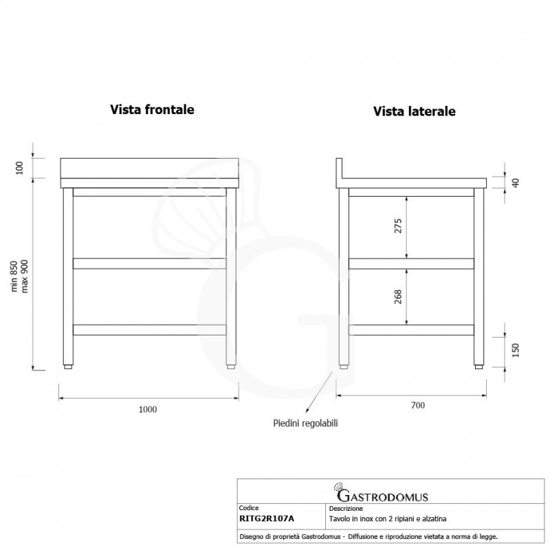 Mesa de acero inoxidable con 2 estantes y peto L 1000 mm x P 700 mm x A 950 mm