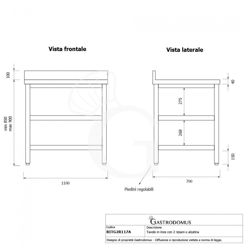 Mesa de acero inoxidable con 2 estantes y peto L 1100 mm x P 700 mm x A 950 mm