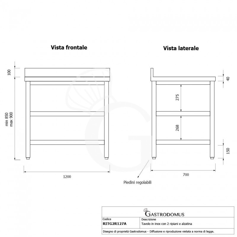 Mesa de acero inoxidable con 2 estantes y peto L 1200 mm x P 700 mm x A 950 mm
