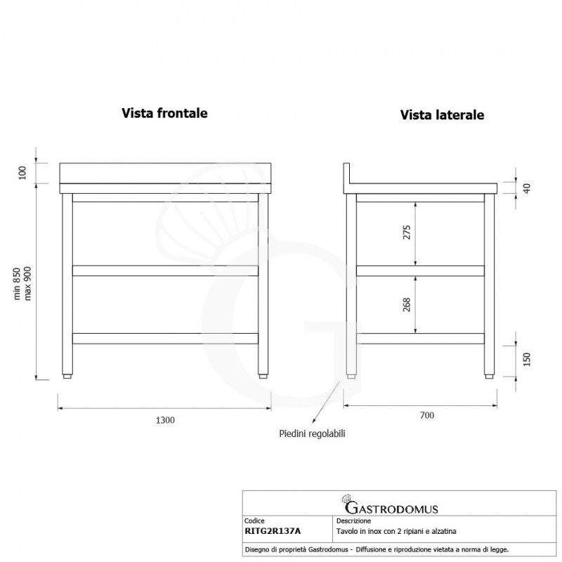 Mesa de acero inoxidable con 2 estantes y peto L 1300 mm x P 700 mm x A 950 mm