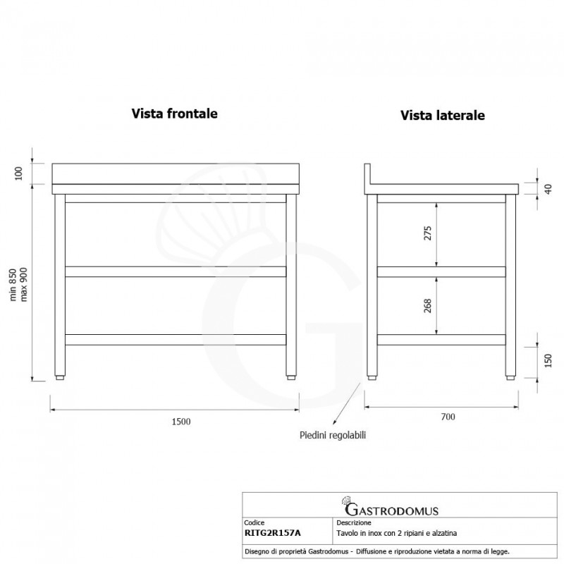 Mesa de acero inoxidable con 2 estantes y peto L 1500 mm x P 700 mm x A 950 mm