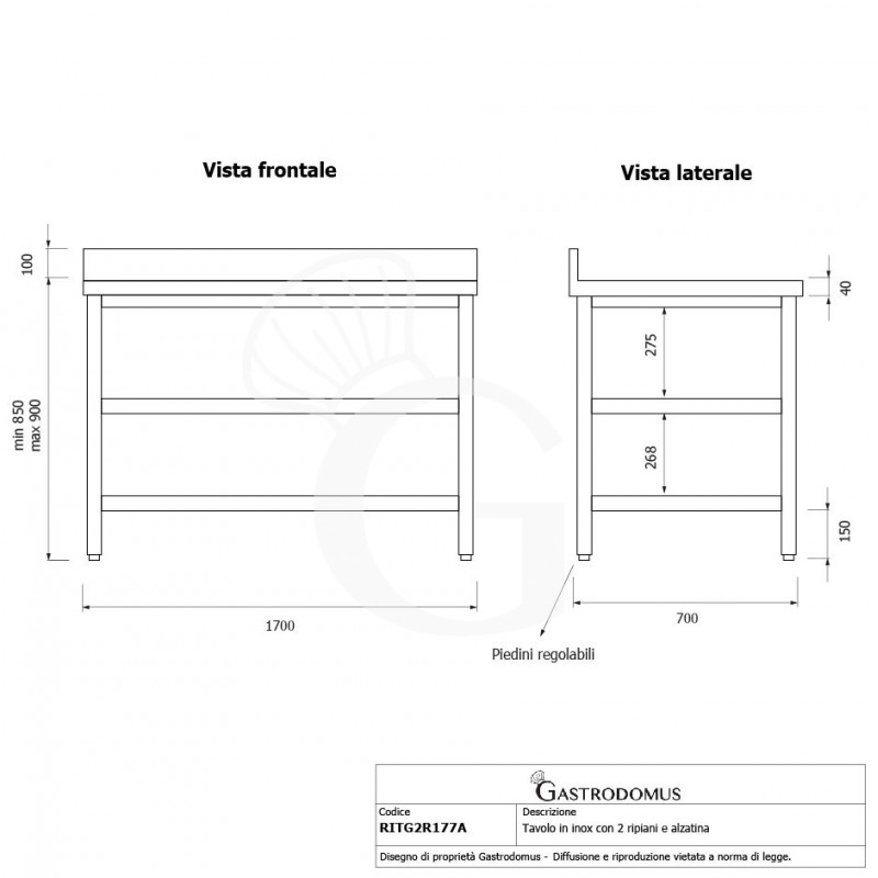 Mesa de acero inoxidable con 2 estantes y peto L 1700 mm x P 700 mm x A 950 mm