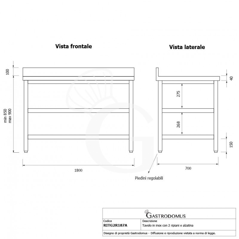Mesa de acero inoxidable con 2 estantes y peto L 1800 mm x P 700 mm x A 950 mm
