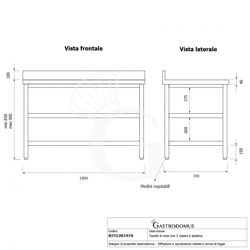 Tavolo inox 2 ripiani alzatina L 1900 mm x P 700 mm x H 950 mm