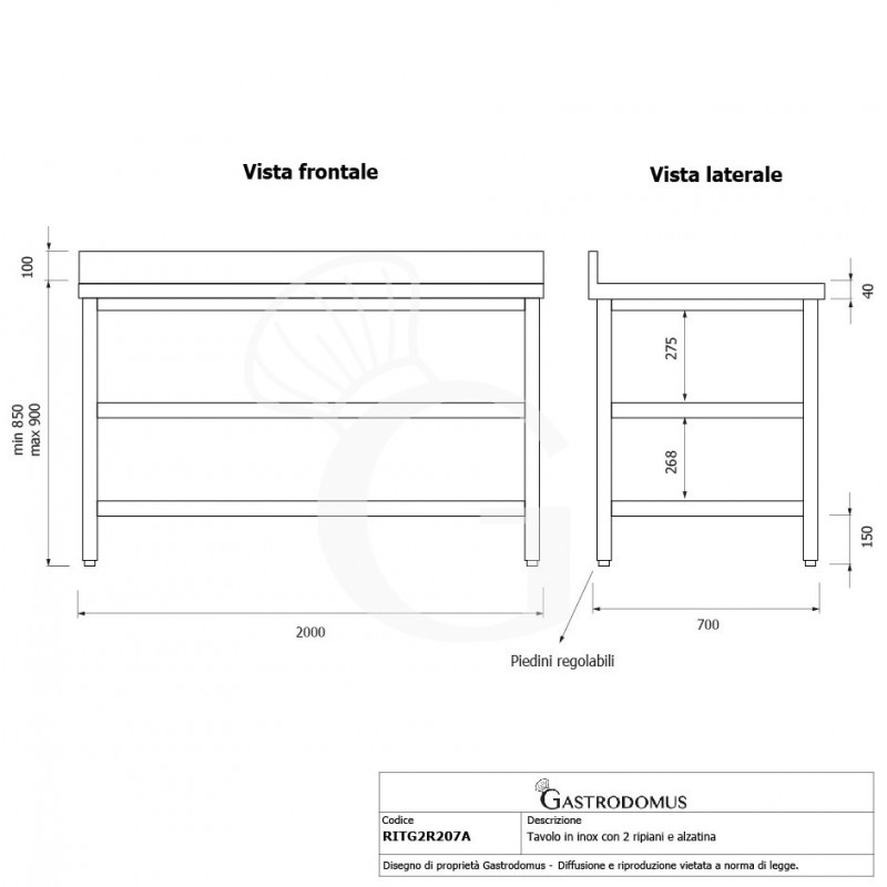 Tavolo inox 2 ripiani alzatina L 2000 mm x P 700 mm x H 950 mm