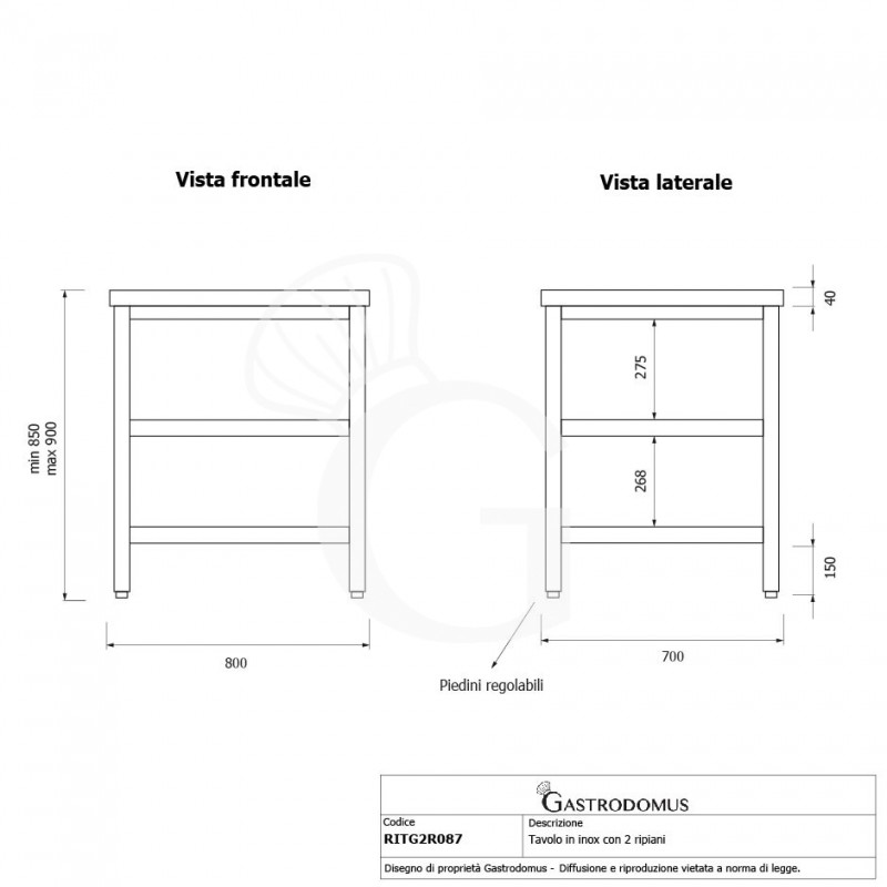 Mesa de acero inoxidable con 2 estantes L 800 mm x P 700 mm x A 850 mm